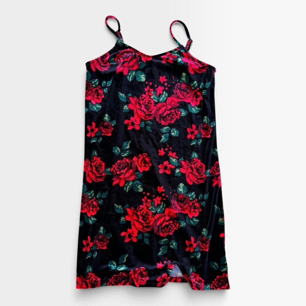 Art Class Girls XL 14 Velvet Cami Dress Red Rose Floral Black Sleeveless Slit